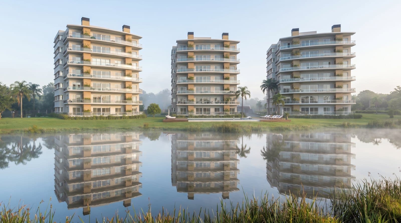 Terrazas del Lago refletido na lagoa, Costa del Lago, Hernandarias